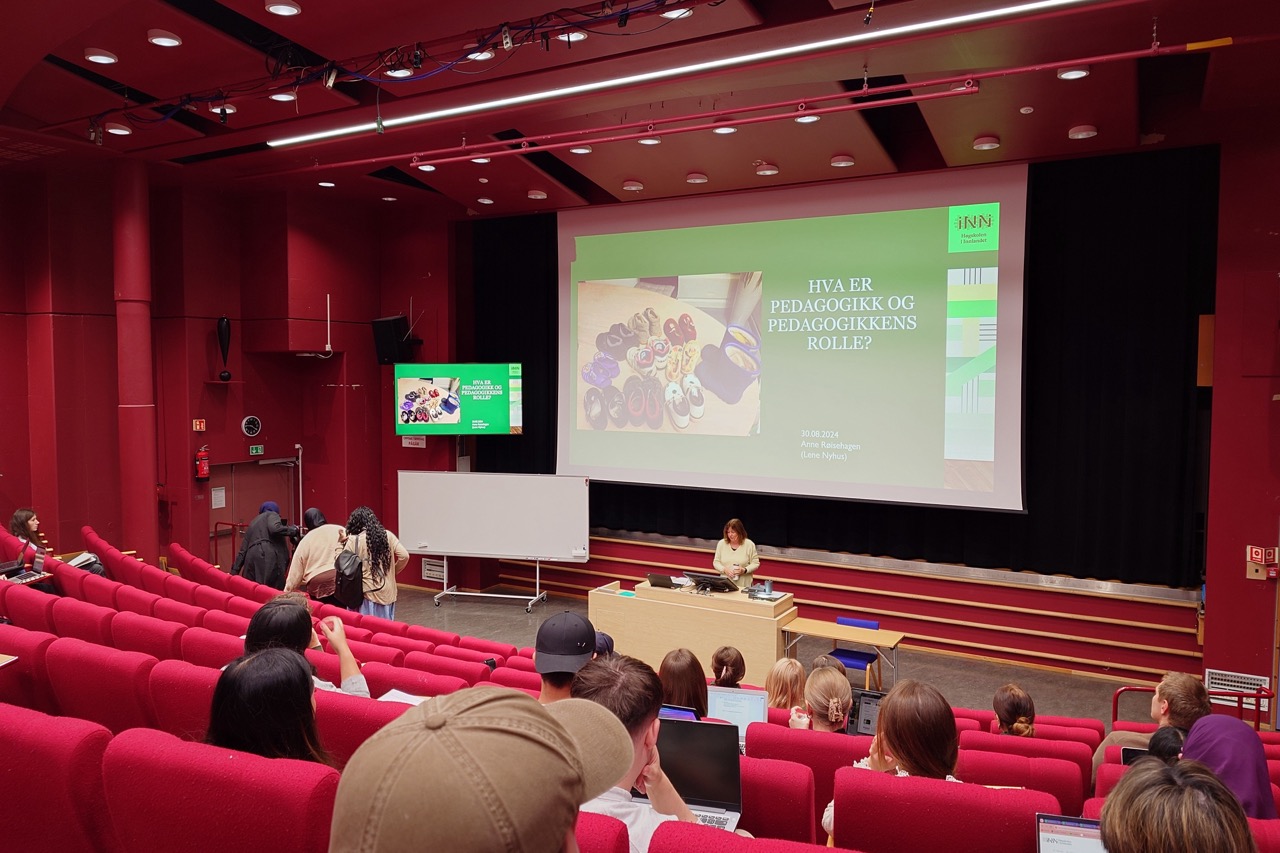 Andre dag av samlingen, der vi sitter i det som minner om en kinosal men som er et auditorium med veldig røde stoler i en bue rundt en scene. Dagens tema er i følge bildet på prosjektoren 'hva er pedagogikk og pedagogikkens rolle?'.